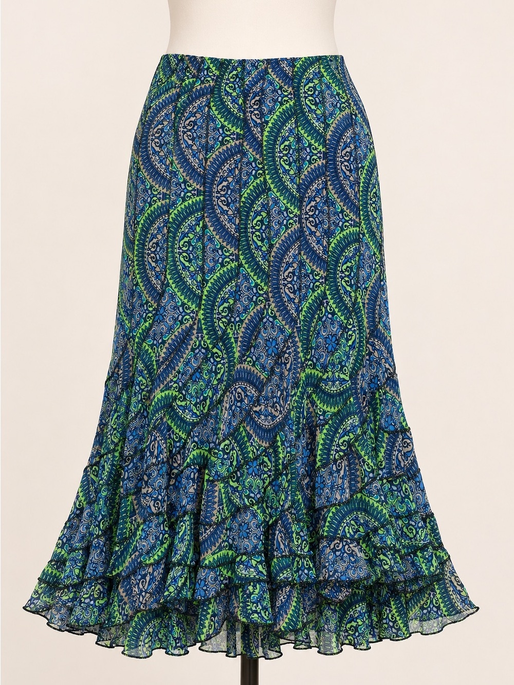 Mix Nouveau 100% Silk Paisley Ruffle Midi Skirt M Boho Y2K